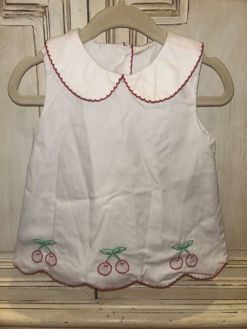 Girls' White Cherry Embroidered Peter Pan Collar Top